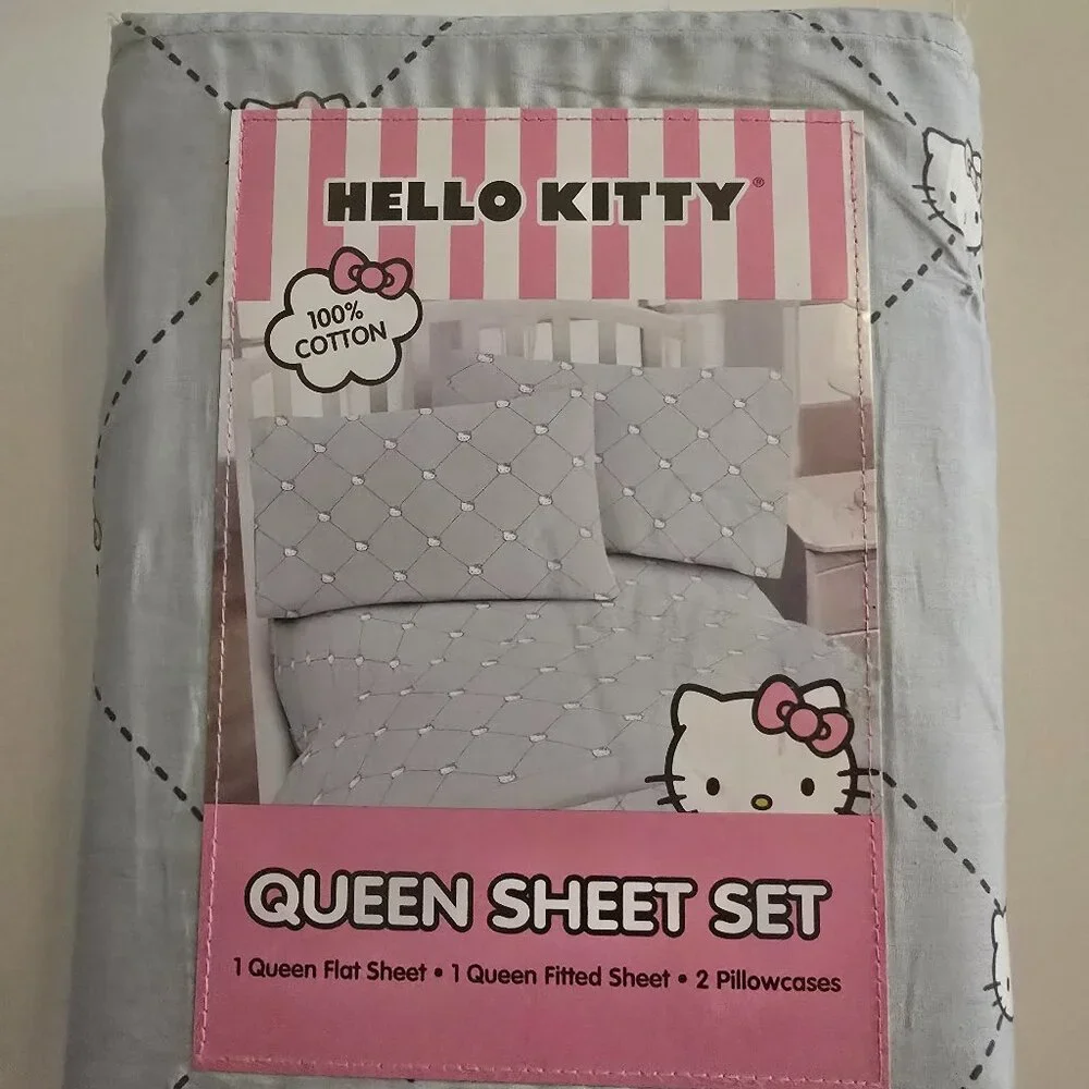 Hello Kitty Queen Sheet Set Sanrio 4PC Bedding Set Pink Gray 100% Cotton New